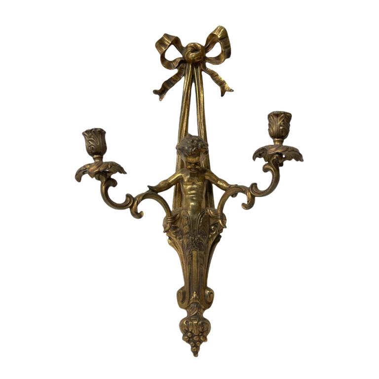 Signed GTM Vintage Gilt Cast Iron Cherubs Sconce (1 of 3)