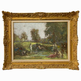 Ker Xavier Roussel (FRANCE 1867-1944) Oil On Board: Ker (Karl) Xavier Roussel (FRANCE, 1867 - 1944) oil painting on wooden panel board depicting a park landscape scene with figures. Signed to lower left. Mounted in gold leaf wooden frame. Board