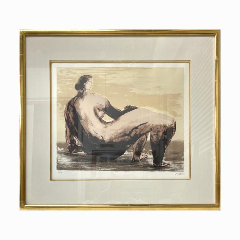 Henry Moore (UK 1898-1986) Signed Lithograph: Henry Spencer Moore (ENGLISH / UNITED KINGDOM, 1898 - 1986) original hand signed lithograph depicting an abstract reclining nude female titled "Reclining Woman II". Pencil signed to lower right and nu