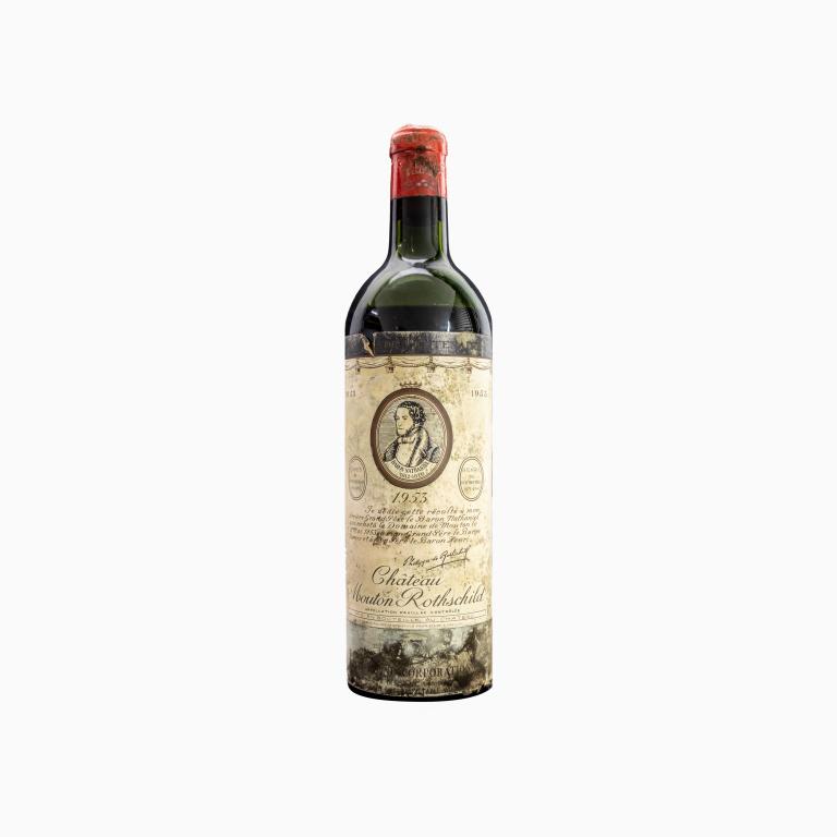 1953 Mouton Rothschild Chateau Wine 750mL Sealed: 1953 Mouton Rothschild Chateu wine in 750mL bottle. Sealed and kept in cellar. Mid shoulder fill. Wear and discoloration to labels.