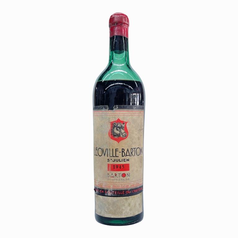 1945 Leoville-Barton St. Julien Chateau 750mL: 1945 Leoveille-Barton Saint Julien French Chateau wine in 750mL bottle. Sealed and kept in cellar. Some wear to labels. Low shoulder fill.