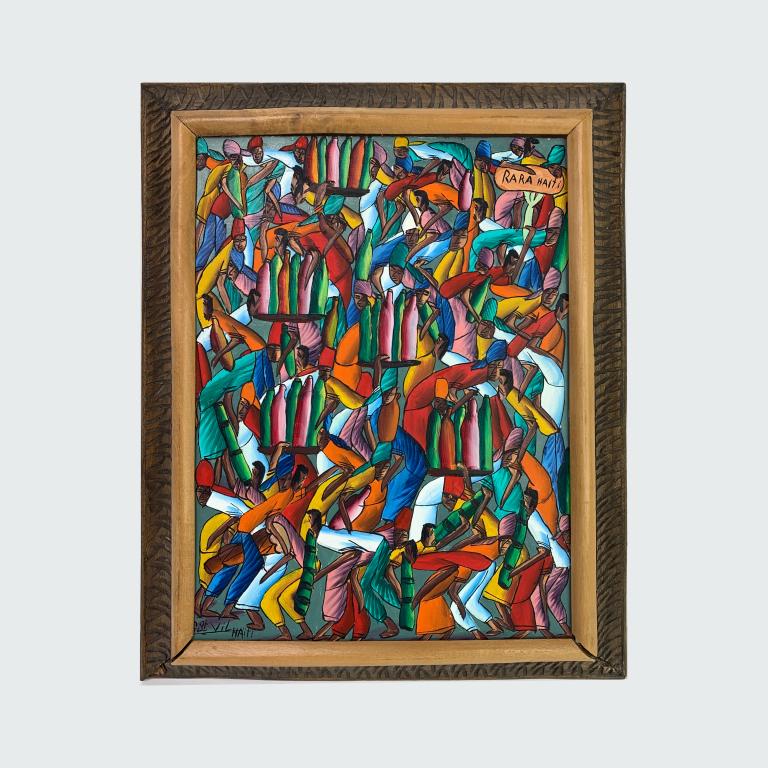 George St. Vil (HAITI 20th) Oil Painting On Board: George St. Vil (HAITIAN, 20th century) oil painting on masonite artist panel board depicting numerous figures. One figure seen holding a sign that says "RRA HAITI". Signed to lower left. Mounted in a