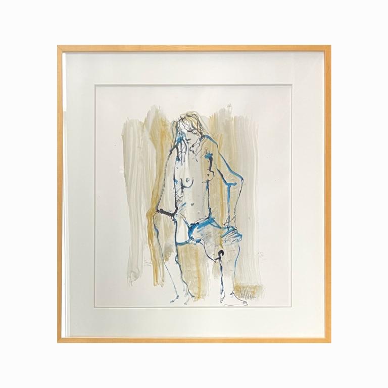 H. Handler Color Lithograph Of Seated Nude Female: Color lithograph on paper depicting the study of a seated nude female. Pencil signed what appears to be "h. Handler" to lower right. Mounted in a wooden frame with mat behind glass screen. Paper measu