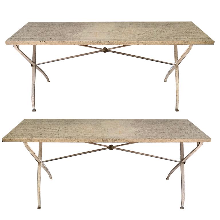 Pr Vintage Painted Iron Stone Top Console Tables: A pair of vintage Regency cold painted wrought iron base console tables with pitted stone tops. Has "X" form legs and stretchers with applied nipple medallions. Each measures approx. 27 1/2" height x