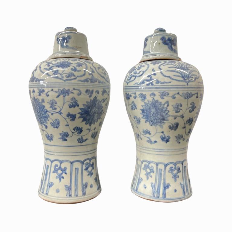 Pr Chinese Ming Blue & White Mei Ping Lotus Vases (1 of 4)