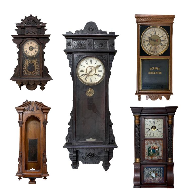 Lot of 5 Antique Wooden Case Bracket Wall Clocks (1 of 5)