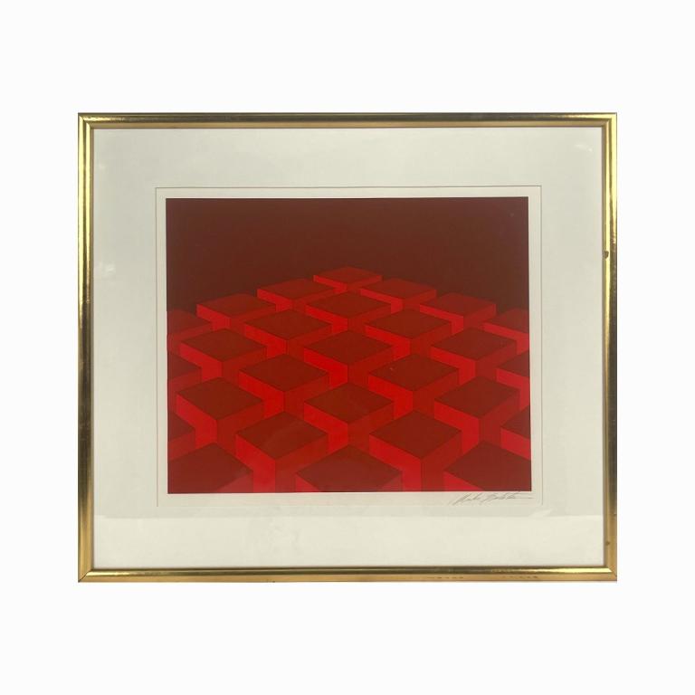 Marko Spalatin ( USA 1945) "Red Cubes" Serigraph: Marko Spalatin (AMERICAN / NEW YORK, Born 1945) original color serigraph titled "Red Cubes". Pencil signed to lower right. Mounted in a gold painted wooden frame with mat behind glass screen. Paper me