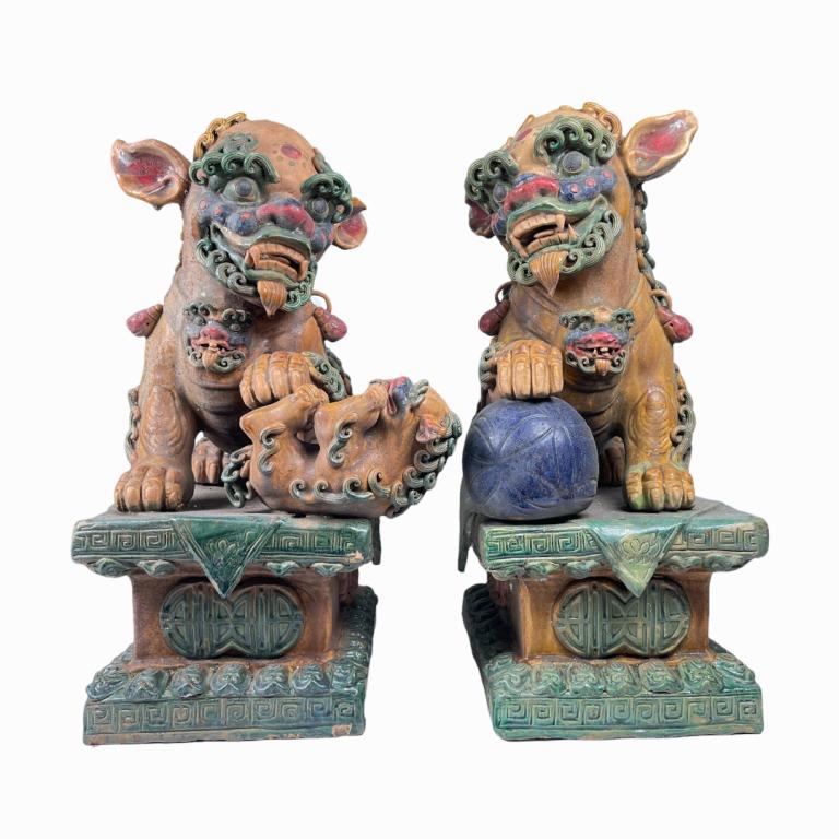 Pair Of Chinese Sancai Pottery Temple Foo Lions (1 of 6)