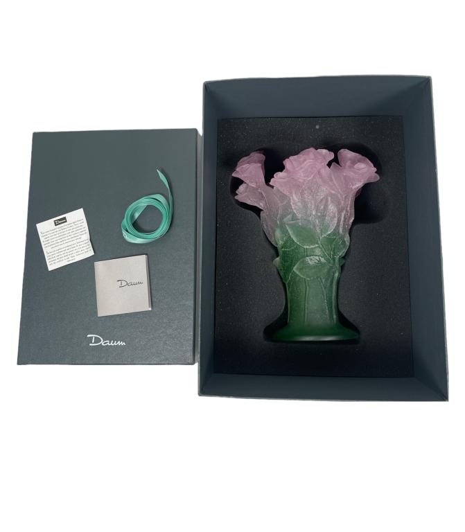 Daum France Pate de Verre art glass vase having pink and green tones with a cabbage roses floral: Daum France Pate de Verre art glass vase having pink and green tones with a cabbage roses floral design. Includes original fitted presentation box with pamphlets. Vase measures approx. 9" height x 7"
