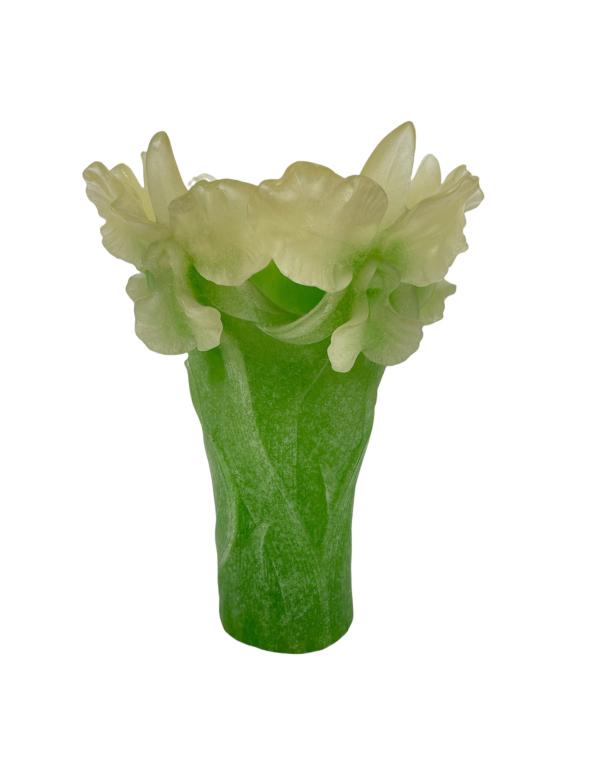 Daum France Pate de Verre art glass vase having a figural irises floral design of lime green tone. (1 of 3)