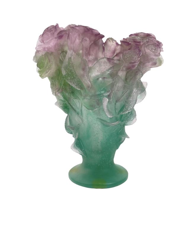 Daum France Pate de Verre large cabbage roses vase crafted with pink to green tones. Etched: Daum France Pate de Verre large cabbage roses vase crafted with pink to green tones. Etched signature to bottom. Measures approx. 12" height x 11" diameter. Appears in overall good condition.