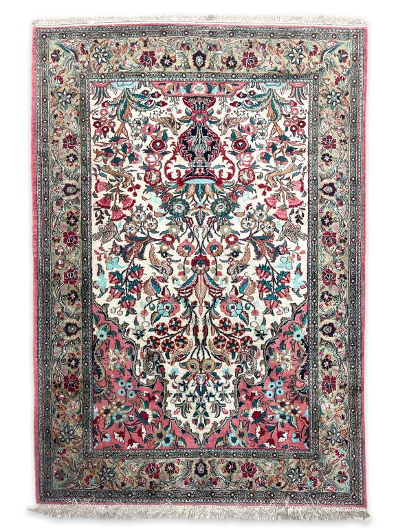 Lovely vintage Persian hand made silk rug depicting floral blooms on branches emerging from a (1 of 5)