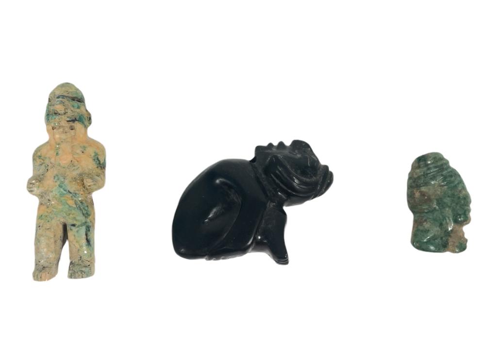 A lot of three antique Pre-Colombian Central American carvings to include a man on his knees carved (1 of 7)