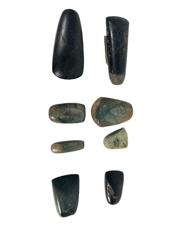 A lot of 8 Pre-Colombian Mayan culture carved and polished jadeite jade stone celt axe blades of (1 of 5)