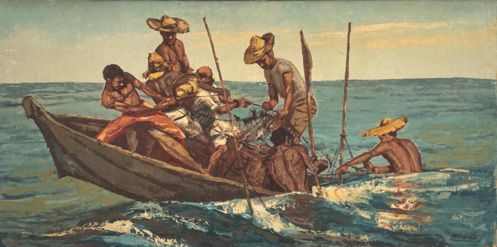 South American oil painting on canvas depicting men on a small sinking boat. Signed to lower right.: South American oil painting on canvas depicting men on a small sinking boat. Signed to lower right. Probably circa 1960's. Mounted in a wooden frame. Canvas on stretcher measures approx. 23 1/2" heigh