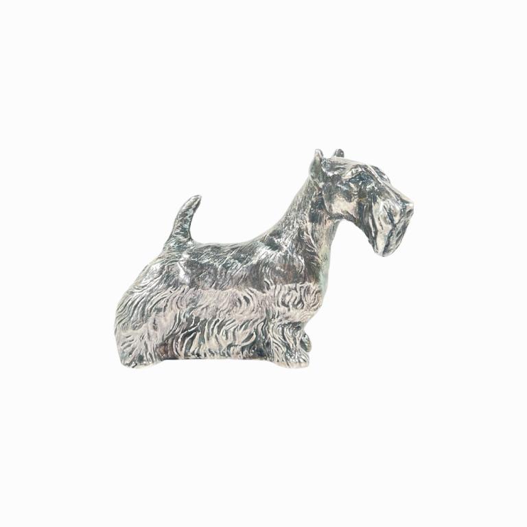 Vintage Yaacov Heller sterling silver figural schnauzer dog sculpture. Dremel signed to bottom and: Vintage Yaacov Heller sterling silver figural schnauzer dog sculpture. Dremel signed to bottom and marked 925. Measures approx. 1 1/2" height x 3 1/2" height x 1 3/4" width. Shows typical surface wear