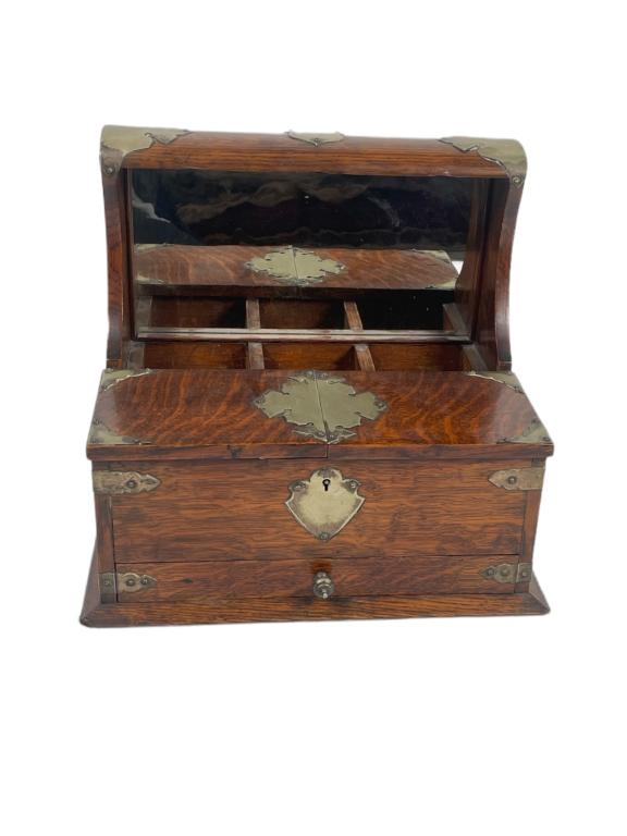 Antique English tiger oak wooden tantalus and game box having an open design with mirrored back to (1 of 7)