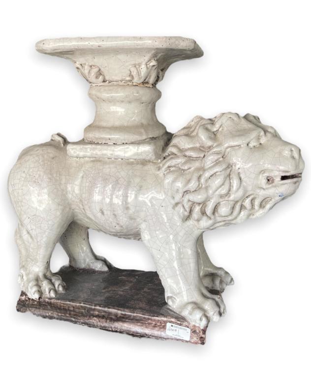 Antique Continental white glazed heavy red stoneware pottery figural standing lion garden seat (1 of 3)