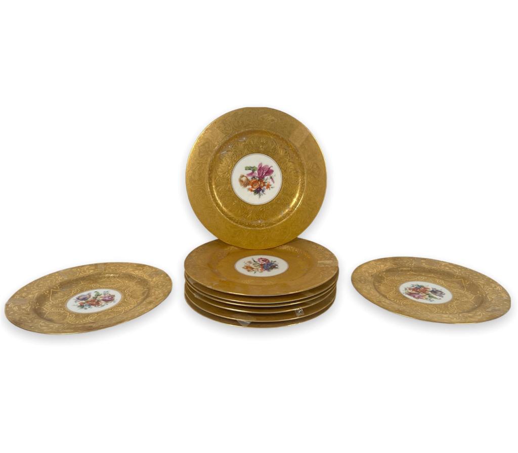 A set of 9 vintage Cown-Imperial Czechoslovakian dinner plates having hand painted floral bouquets (1 of 5)