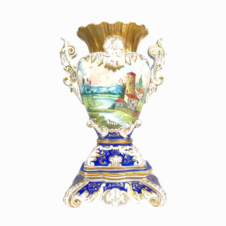 Antique Spanish hand painted handled wide vase depicting a interior scene with children playing (1 of 4)