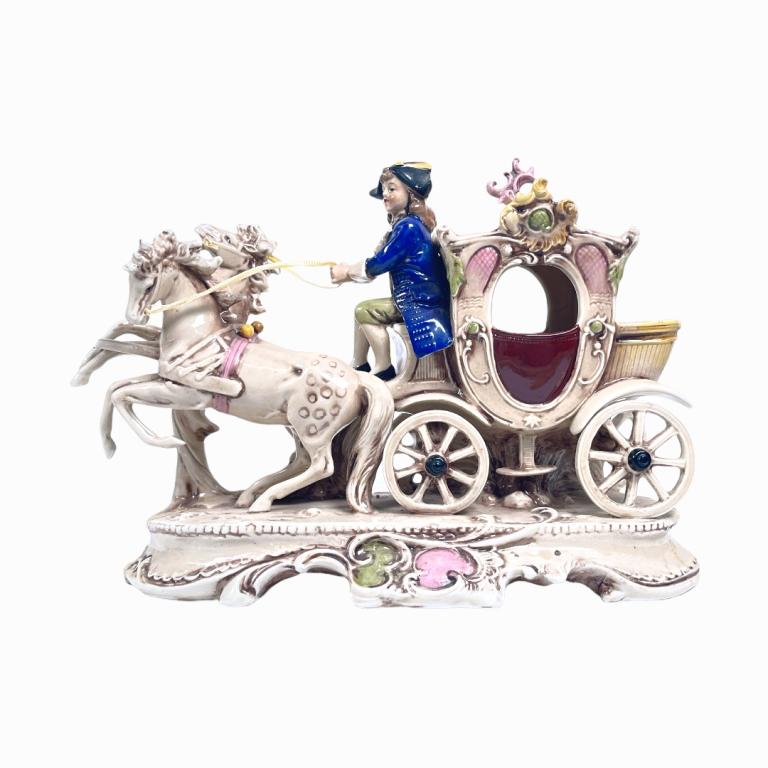Vintage German porcelain horse and carriage group sculpture. Impressed hallmarks to verso of base (1 of 3)