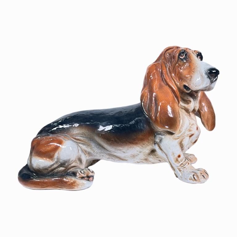 Vintage Italian glazed pottery large life-size sculpture depicting a recumbent Basset Hound. Marked (1 of 3)