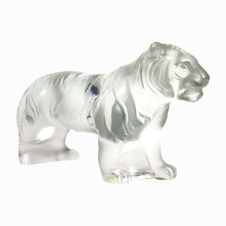 Lalique French frosted crystal sculpture depicting a standing tiger. Dremel signed to bottom and (1 of 4)