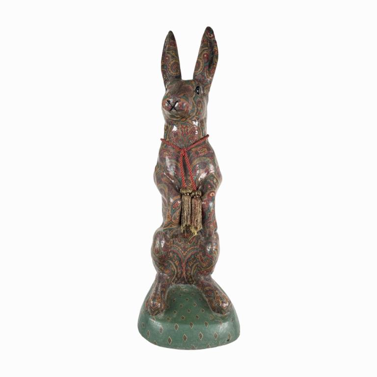 A papier mache giant rabbit sculpture having a fabric stylized scrolled design. Measures approx. 29 (1 of 5)