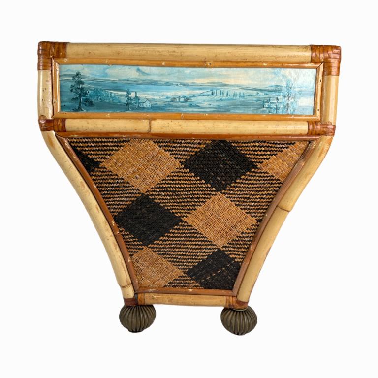 A vintage hand crafted and woven wooden side table planter with hand painted oil on board landscape (1 of 3)