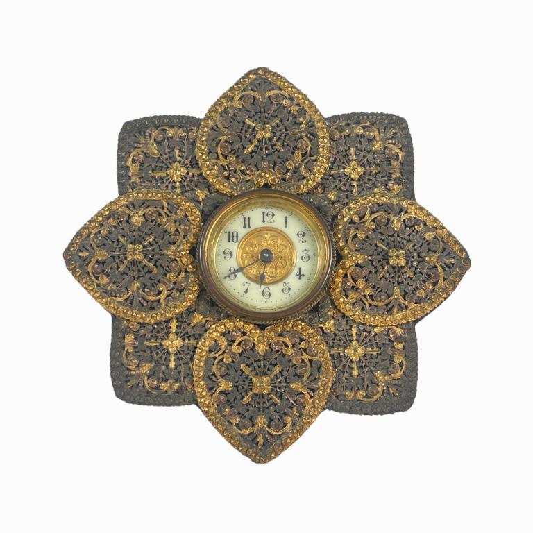 Antique British Clock Company desk clock having a figural floral design with gilt metal fliligree or (1 of 4)