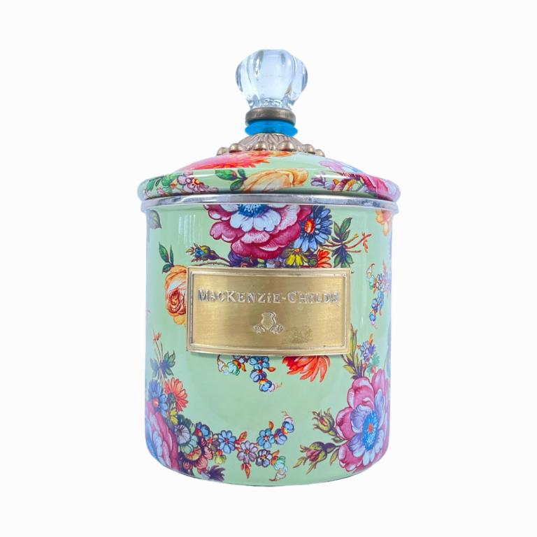 Mackenzie-Childs transferware metal covered canister jar having a floral pattern with green ground. (1 of 4)