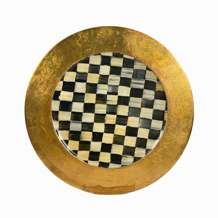 Vintage MacKenzie-Childs wooden round charger having hand painted checkerboard lacquered design and (1 of 4)