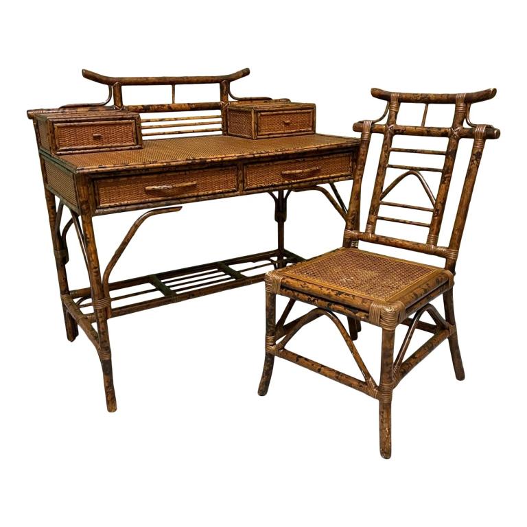 Vintage Chinese, possibly Japanese, carved bamboo wood and wicker woven desk and chair set. Desk (1 of 5)