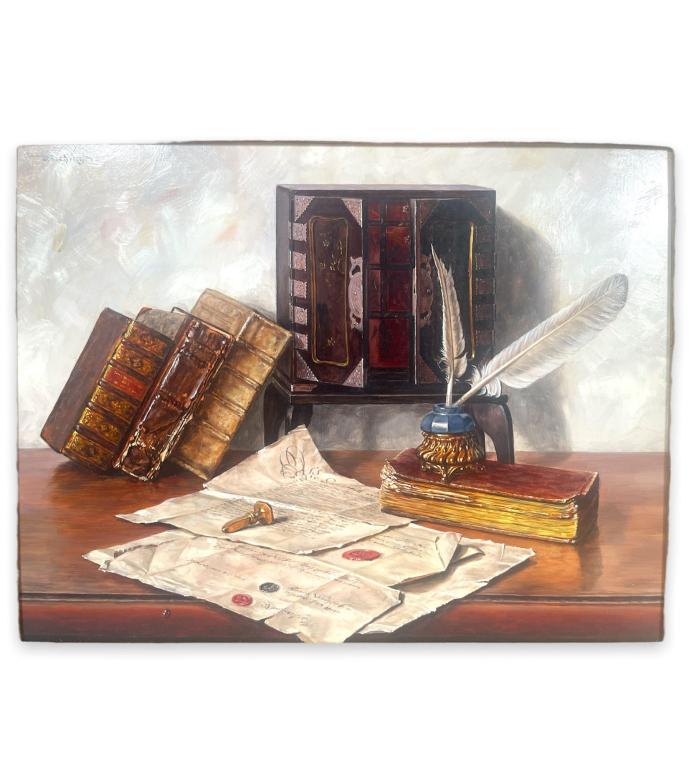 Oswald Eichinger (GERMAN, born 1915) still life oil painting on artist panel board depicting desk (1 of 5)