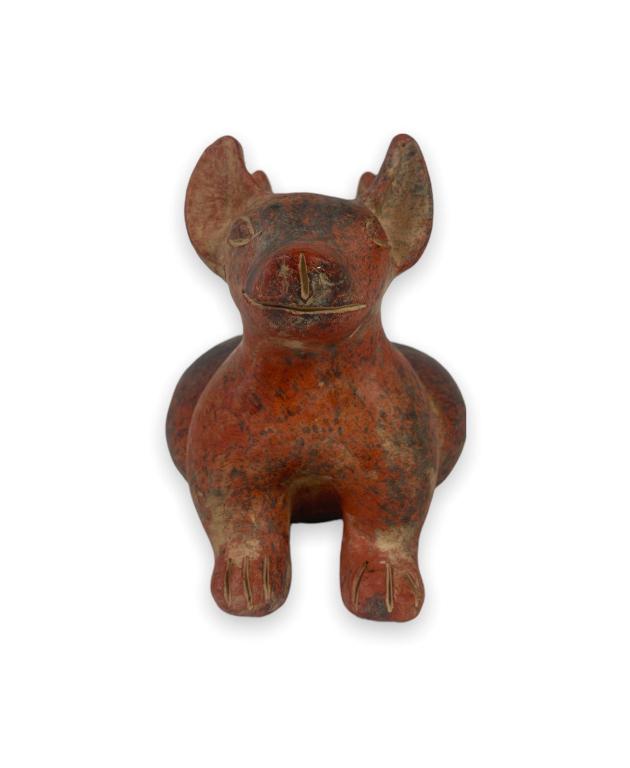 Pre-Colombian pottery urn vase having a figural double standing dog effigy design. Measures approx. (1 of 4)