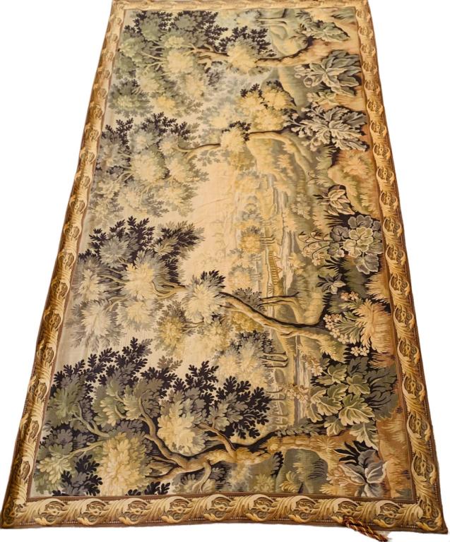 A large vintage French Aubusson style woven scenic wall tapestry depicting a wooded exterior forest (1 of 10)