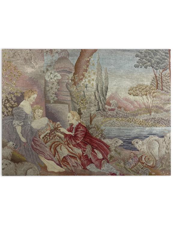 A vintage French woven wool tapestry depicting a courting couple in an exterior scene. Measures (1 of 7)