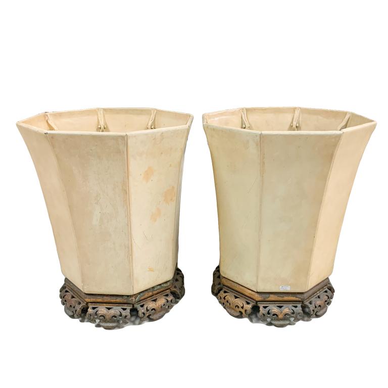 A pair of large vintage Chinese palatial planters having a gilt metal base and cream enameled (1 of 1)