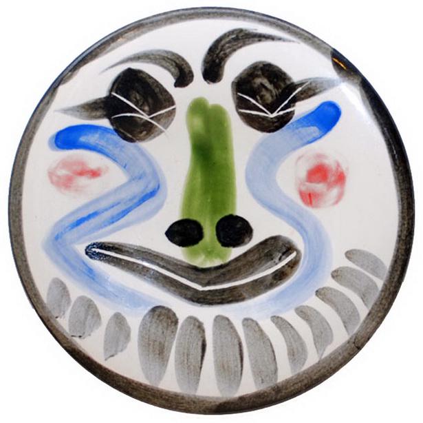 Pablo PICASSO Ceramic Madoura Face Plate No. 179: Pablo Picasso, Spanish (1881-1973)Terre de faÃ¯ence ceramic face plate number 179 of the Picasso edition. White earthenware round plate painted in green, blue, red, and black with decoration, enamel
