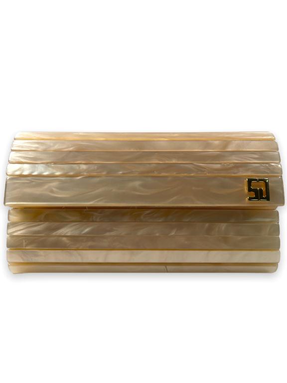 Vintage St. John Pearlized Creme' Lucite Clutch: Lucite creme' colored clutch with a matching creme' color leather and satin interior with gold metal signature plate. Magnetic snap closure and an optional gold strap. Strap can be tucked inside to be