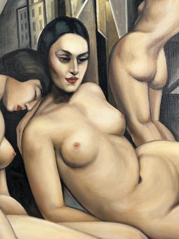Tamara de Lempicka, "Nude" Oil Painting: Signed Tamara de Lempicka, "Nude" Oil Painting. Three Nude Women. Signed Upper Left. T de Lempicka, attributed. Measures artwork measures 28 1/2 inches high x 23inches wide. Total Framed Measures 32 i