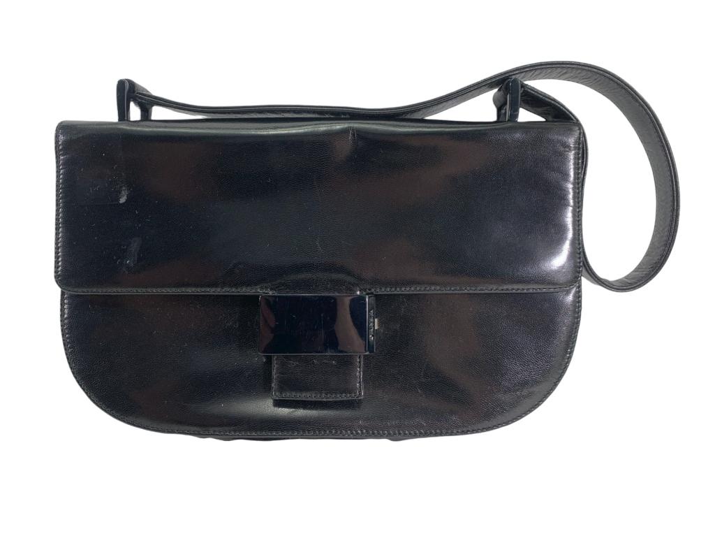 Prada Box Calf Shoudler Bag: #: 123 Item:Prada Box Calf Shoudler Bag Designer:PRADA Condition:B/C Color:Black Hardware Color:Black Material:Leather Accesories:Dust Bag & Authenticity Card Serial Number: Strap Drop / Handle Length