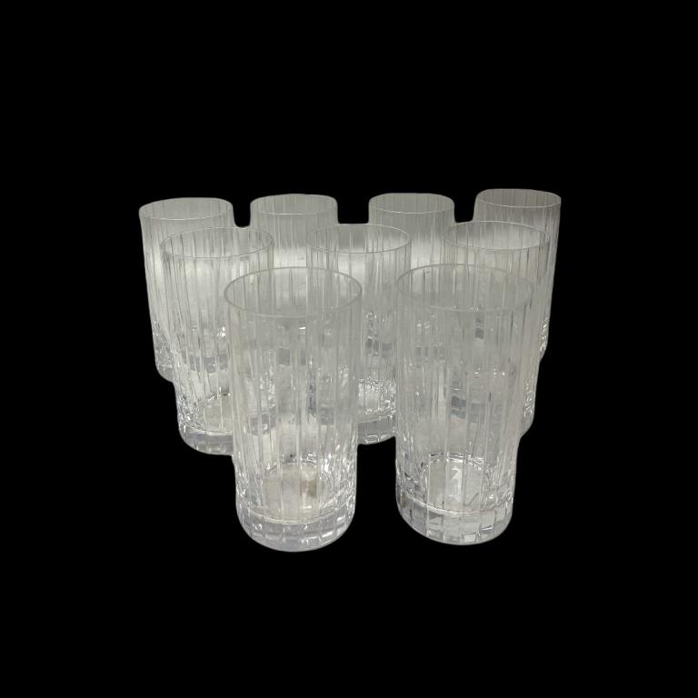 9 Cut Crystal Tall Tumbler Water Glasses: A set of 9 cut clear crystal tall tumbler water glasses having a parallel pinstripe design. Each measures approx. 5 1/2" height x 2 7/8" diameter. One glass shows some clouding that we did not attempt