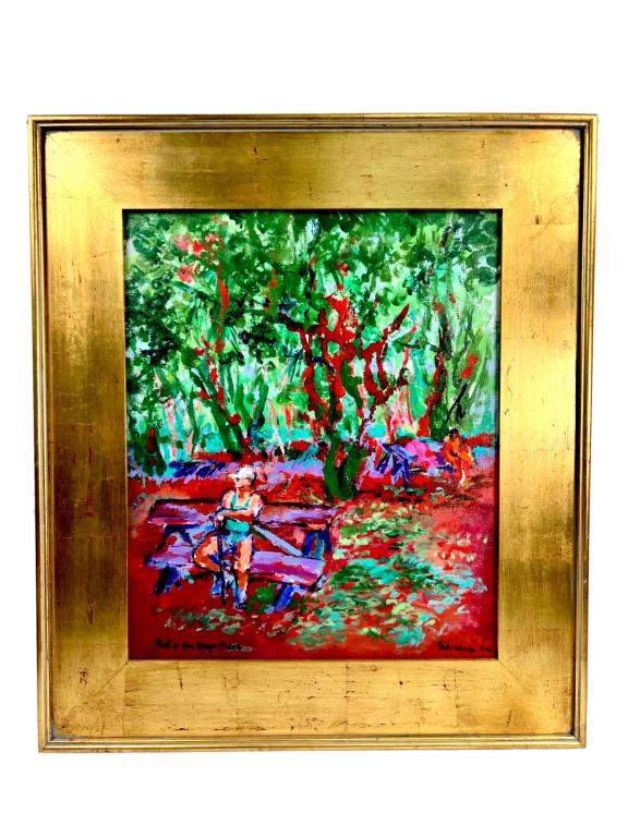 In Sea Grape Grove oil Painting: oil base painting of a sea grape grove with a man sitting down on a bench with a stick on his hands looking to the side, sign on the bottom by the artist. unframed ( height: 24 inch, width: 20 inch) f