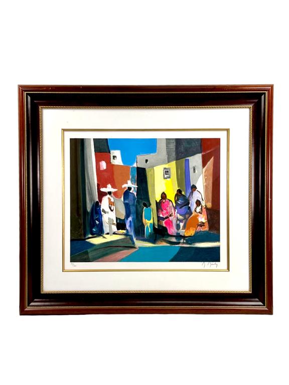 LITHOGRAPH, MEXICAINS ET MEXICAINES, BY M. MOULY: Limited edition 81/300 lithograph. Presented in a wooden frame with gilt, matte and border. Impressionistic Fauvism signed and numbered by French abstract artist Marcel Mouly (1918-2008) on wove Arche