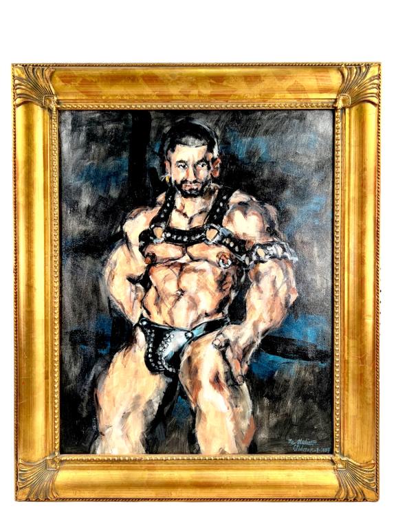 The Gladiator oil painting: oil based gladiator painting male standing with it hand on the legs, sign by the artist on bottom right coner. unframed ( height: 30 inch, width: 24 inch) framed ( height: 37 inch, width: 31 inch