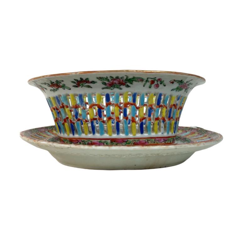 2 Vtg Chinese Basket Rose Medallion Bowl & Plate (1 of 3)