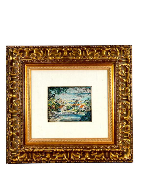 "VILLAGE AT DAWN" OIL ON BOARD CHRISHAWN ARTIST: FROM CHRISHAWN ASSOCIATES INC. ARTIST: Done by the artists of Chrishawn Studios. TITLE: "VILLAGE AT DAWN" MEDIUM: OIL ON BOARD BEAUTIFUL GOLD CARVED FRAME DIMENSIONS: FRAMED: 29" X27" IN. ART: 10" X 8