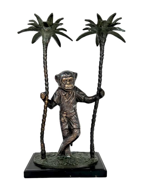 RARE VINTAGE MONKEY BRONZE PALM TREE CANDLE HOLDER (1 of 4)