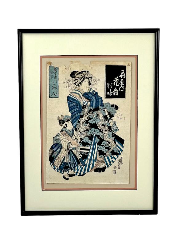 The Courtesan Usugumo Of Tamaya Print: Antique Japanese print of a striking design of an elegantly clad courtesan with two kamuro, sig =n by the artist. framed ( height: 22 1/2 inches, width: 16 1/2 inches) unframed ( heigth: 15 inches, wi